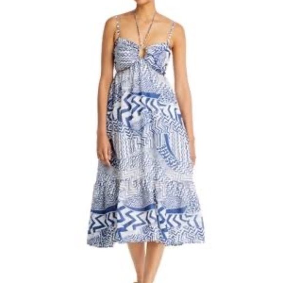 Blue and White Printed Cutout Halter Midi Dress - Aqua Bloomingdales LARGE - Picture 1 of 7